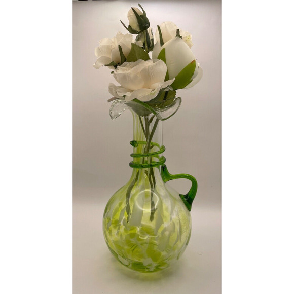 Vintage Murano Style Green Vase/Pitcher with Ruffled Lip & Bulb Base With Handle - Picture 1 of 7